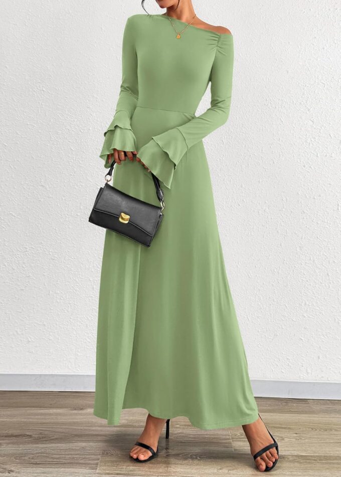 PRETTYGARDEN Womens Dresses Off The Shoulder Flare Sleeve Ruched Knit A-Line Wedding Guest Maxi Dress Fall Outfits 2025 – Bild 8