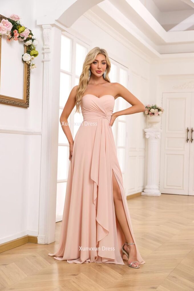 Sweetheart Chiffon Bridesmaid Dresses with Slit Long Pleated Prom Dress Strapless Formal Party Gowns – Bild 5