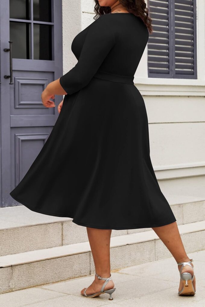 CLOCOR Women's Plus Size Midi Dress 3/4 Sleeve A-Line Swing Dress V Neck Flowy Casual Dresses – Bild 4