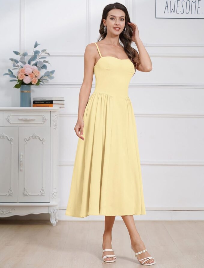 Women Floral Corset Dress Boho Spaghetti Strap Lace Up Casual Midi Dresses with Pockets Low Cut Flowy Bustier Sundress – Bild 2
