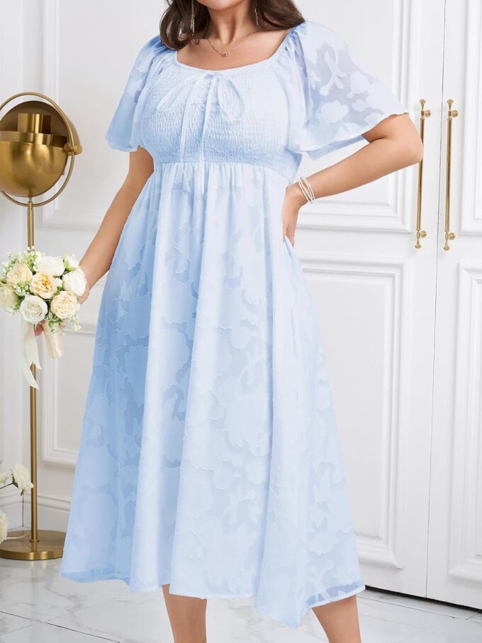 SCOMCHIC Women's Plus Size Formal Dresses Square Neck Short Sleeve Lace Floral Smocked Flowy Long Maxi Wedding Guest Dress – Bild 4