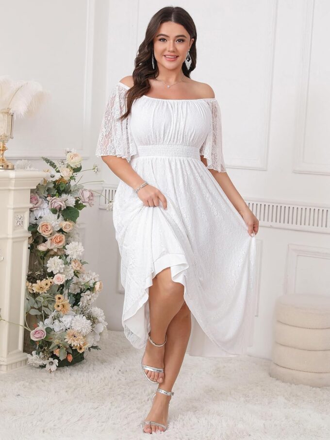 Women's Plus Size Wedding Guest Dress Lace Square Neck Short Sleeve Flowy A Line Formal Maxi Dresses – Bild 4