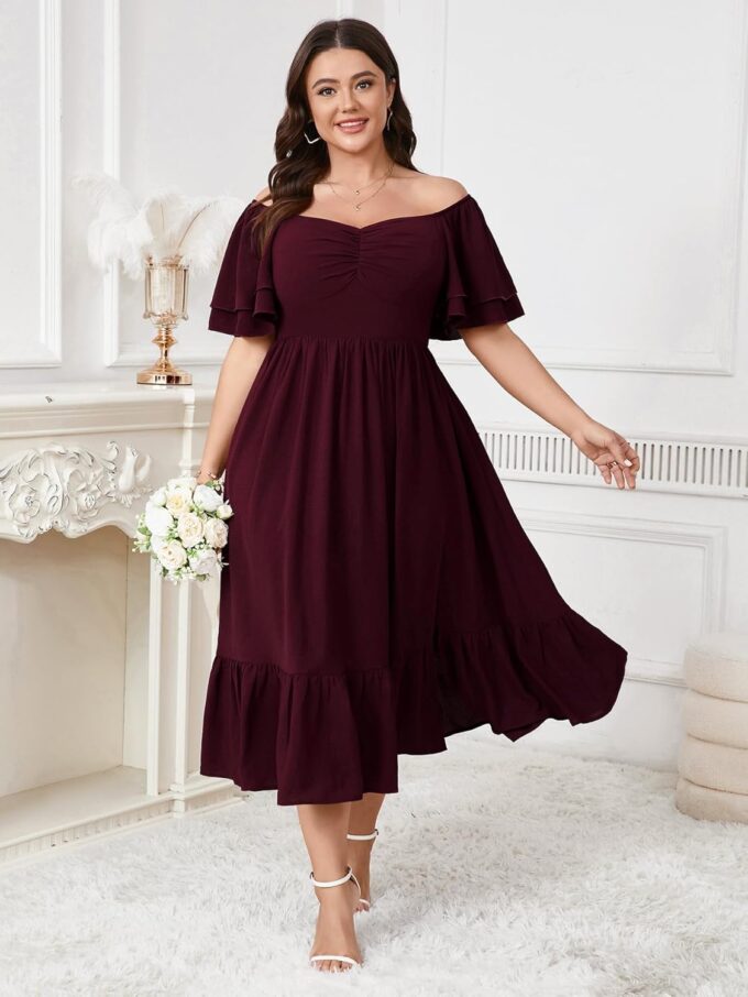 SCOMCHIC Womens Plus Size Wedding Guest Cocktail Dresses Sweetheart Neckline Short Sleeve Smocked Ruffle Slit Maxi Dress – Bild 5