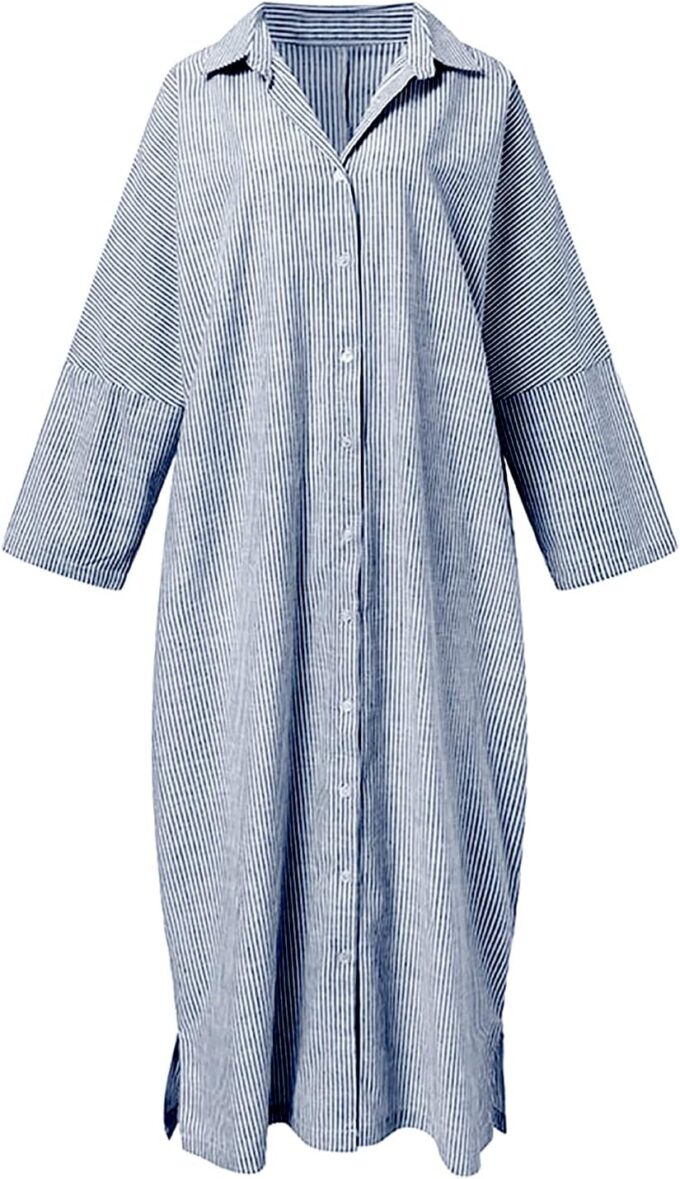 utcoco Womens Striped Long Sleeve Dress Casual Loose Button Down Cotton Maxi Shirt Dress – Bild 2