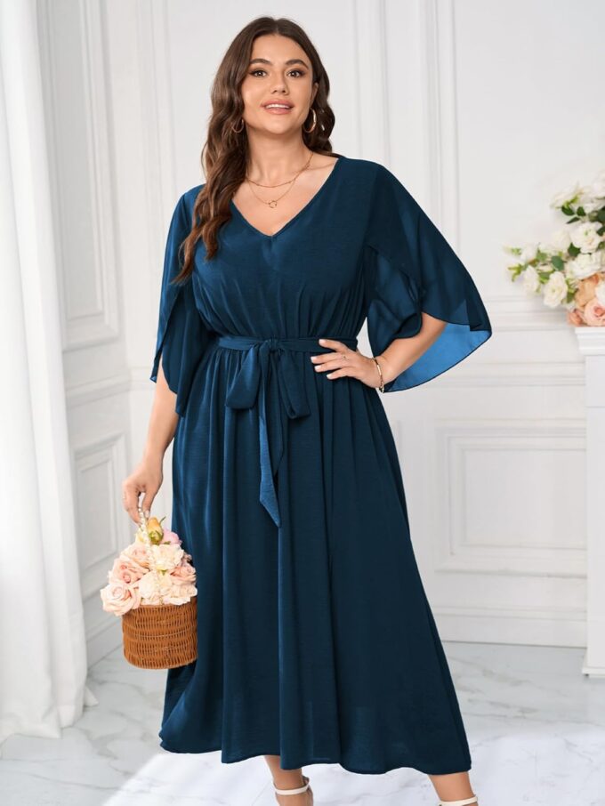 Womens Plus Size Dress Wedding Guest Cocktail Chiffon 3/4 Sleeve V Neck Slit A Line Maxi Dress Formal with Belt – Bild 6