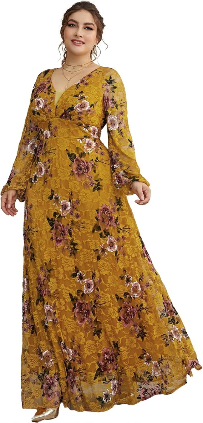 TOLEEN Women's Plus Size Dress V Neck Rose Embroidery Mesh Elegant Formal Maxi Dresses