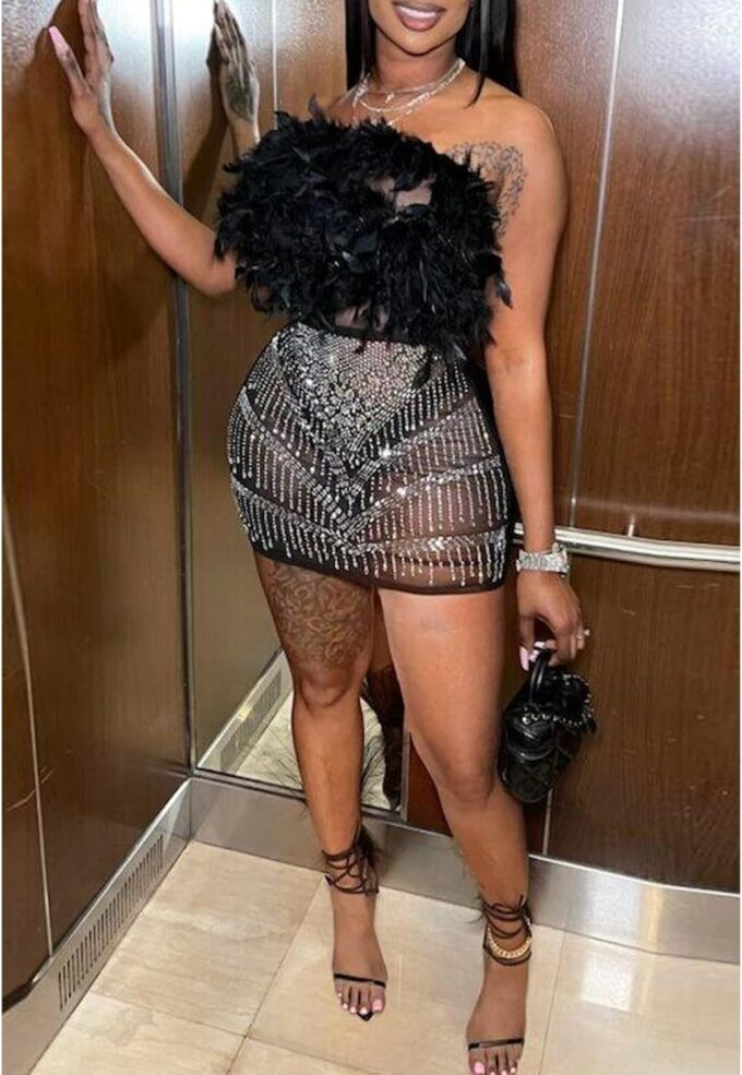 Yuopeid Women's Sexy Mesh Rhinestone Bodycon Mini Dresses Sleeveless Fashion Feather Birthday Party Cocktail Dress – Bild 3