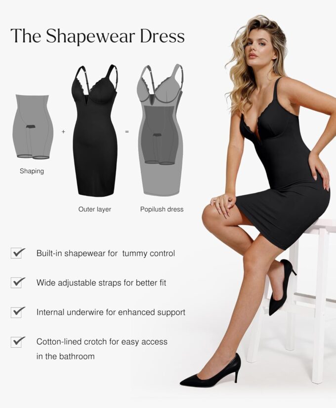 Popilush Women's 2025 V Neck Mini Dress Sexy Lace Bodycon Shapewear Dresses Cocktail Party Evening Date Night – Bild 3