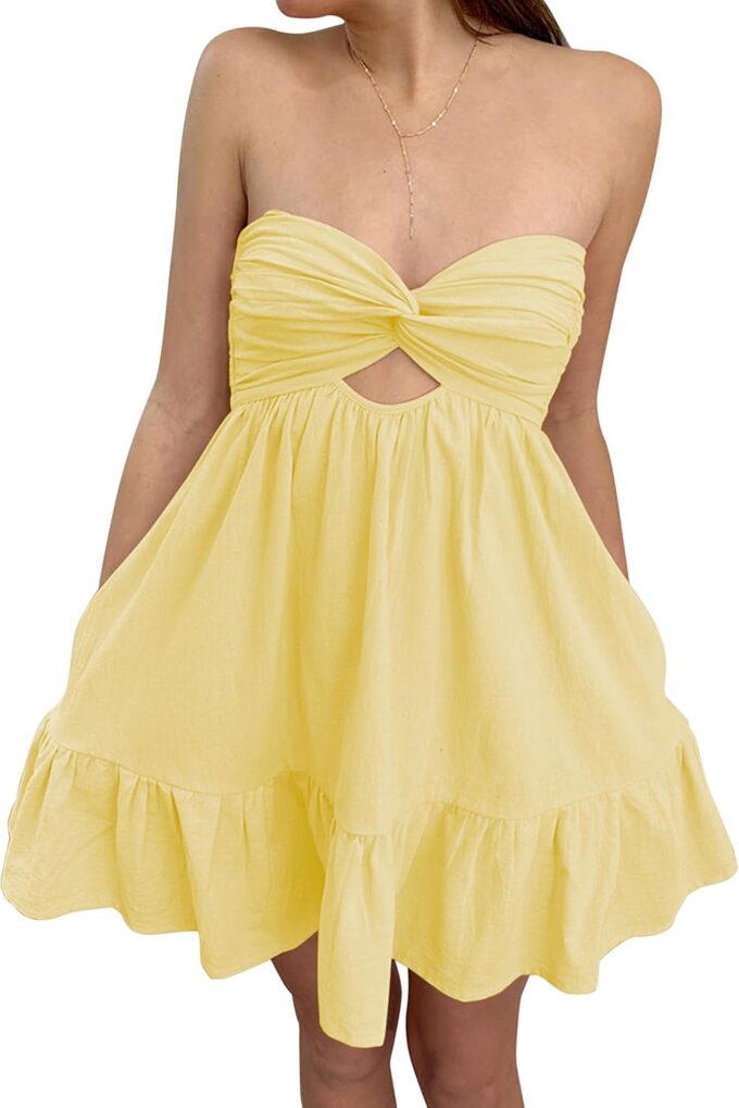 Women's Twist Front Cut Out Strapless Mini Dress Pleated Backless Ruffle A Line Bandeau 2024 Summer Tube Dress