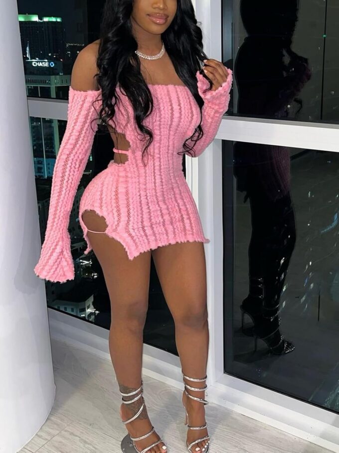 Sexy Off Shoulder Fuzzy Y2K Mini Dress for Women Strappy Backless Long Sleeve Party Club Birthday Dresses Date Night – Bild 6