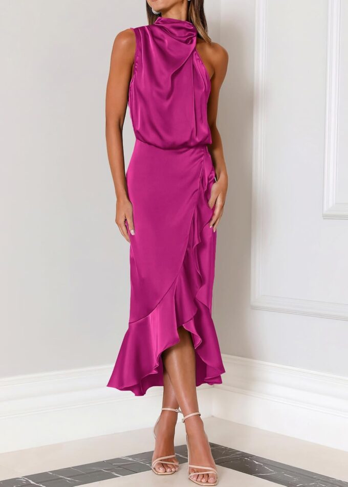 KIRUNDO Womens 2025 Summer Satin Mock Neck Wedding Guest Party Cocktail Midi Dress Sleeveless Wrap Ruffle Formal Dresses – Bild 4