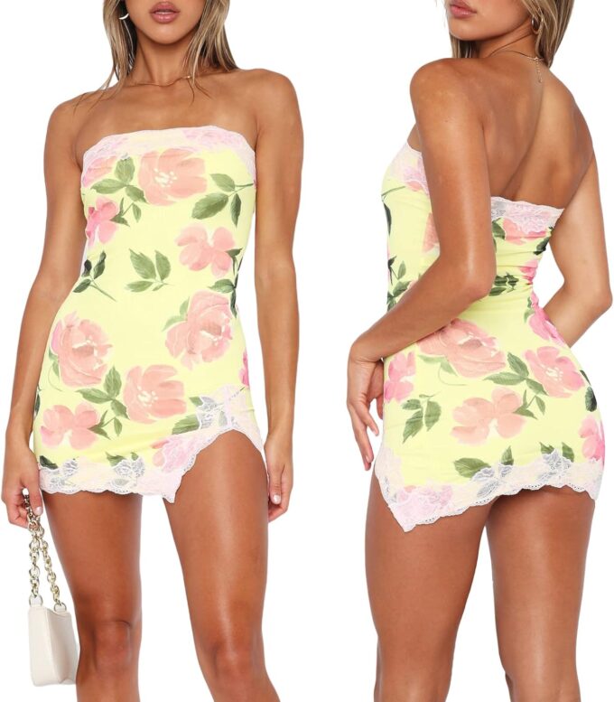 Fanvereka Summer Sexy Floral Tube Dress Y2K Strapless Bodycon Mini Dress Short Bandeau Dress for Teen Girl Shoping Beach Club – Bild 6