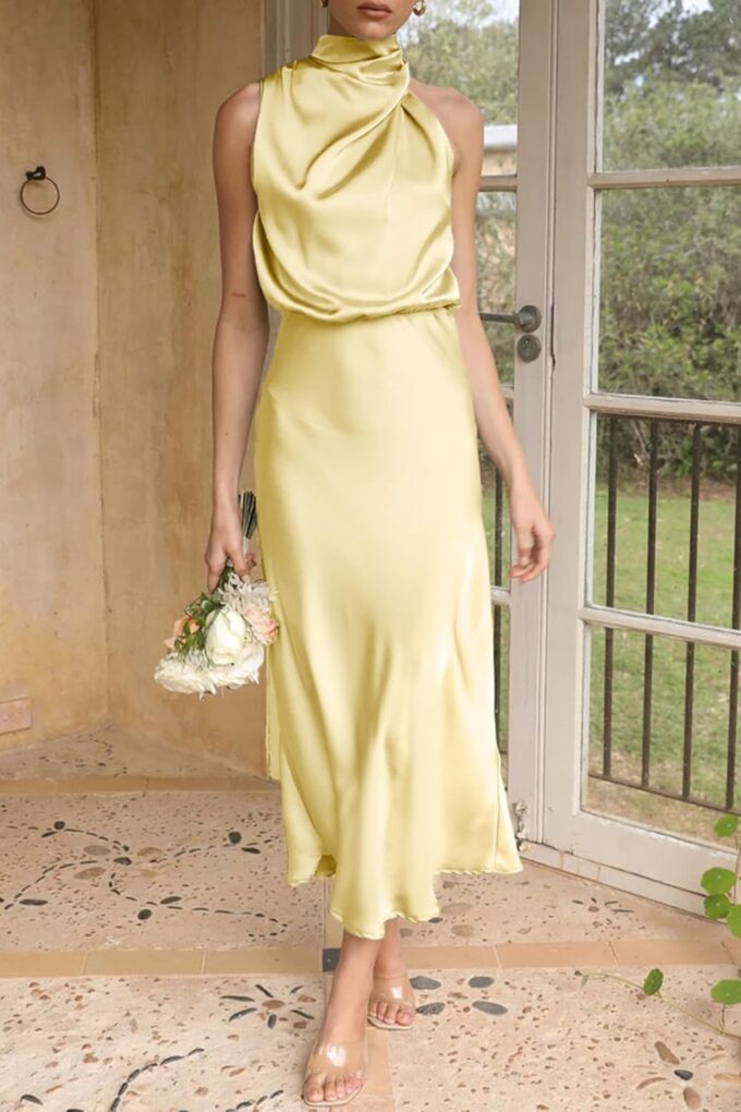 Women's 2025 Summer Satin Dress Elegant Formal Sleeveless Mock Neck Wedding Guest Cocktail Party Maxi Dresses – Bild 4