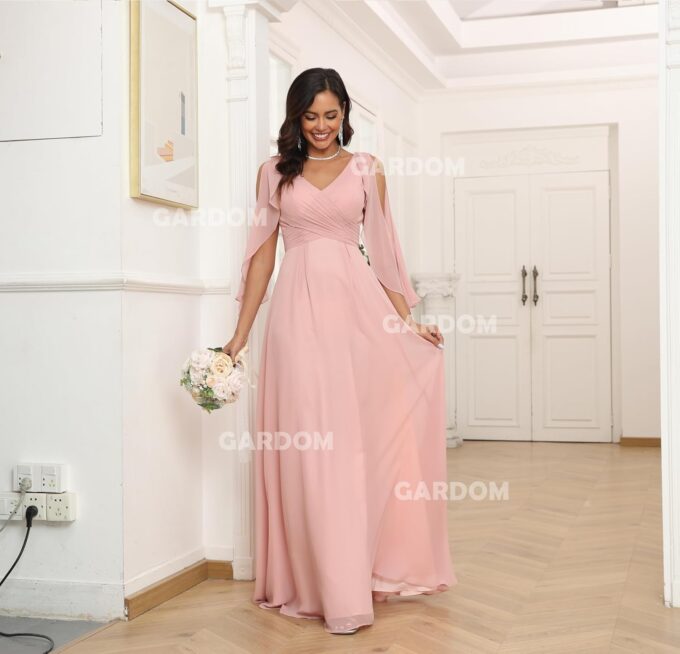 GARDOM Ruffle Sleeve Chiffon Bridesmaid Dresses for Women Cold Shoulder Formal Dress for Wedding 2025 V Neck Evening Gowns – Bild 7