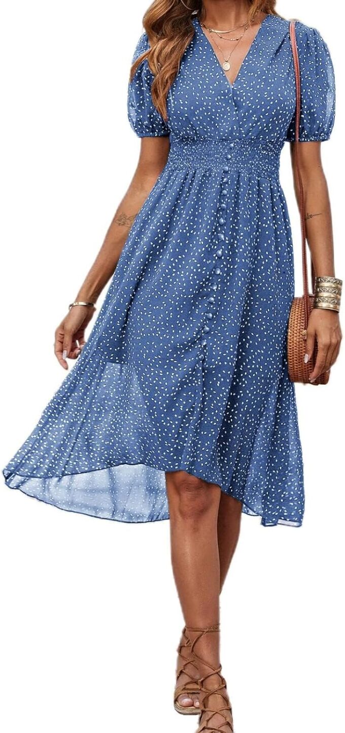 PRETTYGARDEN Women's Floral Wrap V-Neck Midi Dress Short Sleeve Boho Summer Beach Long Dress High Low Hem Smocked Dress Women