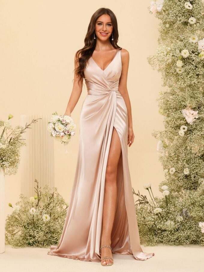 YMSHA Women's V Neck Bridesmaid Dresses with Slit Ruched Waist Satin Pleated Formal Party Dress YMS277 – Bild 2