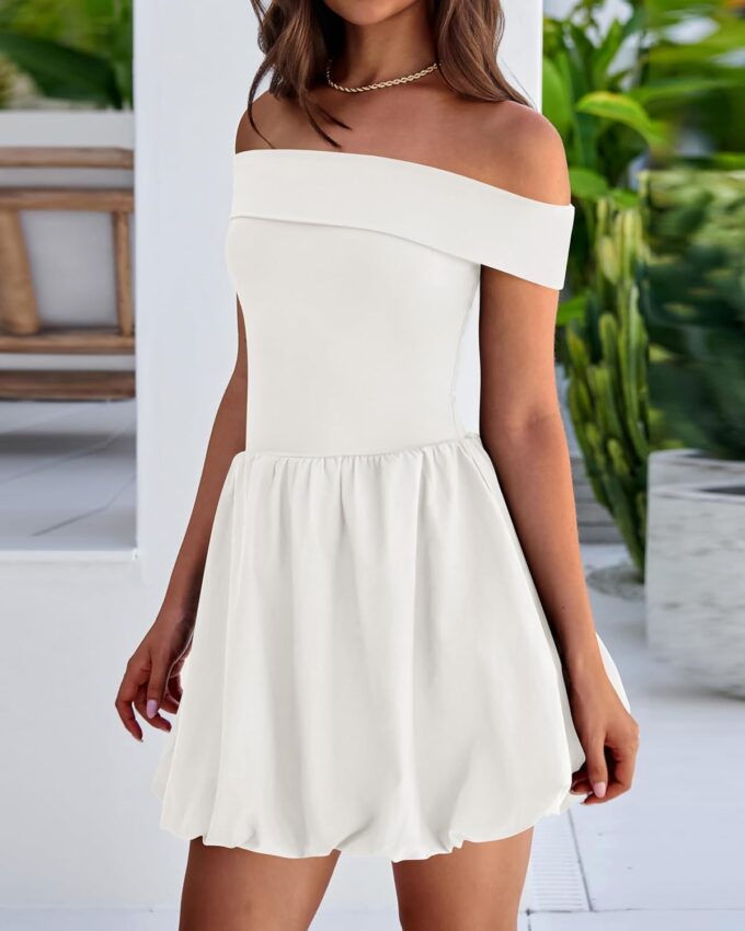PRETTYGARDEN Women Summer Sexy Off Shoulder Bubble Dress 2025 Knit and Woven Cocktail Party Mini Dresses with Pockets – Bild 8