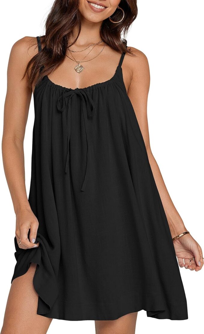 TARSE Womens Linen Mini Dress Summer Sleeveless Backless Loose Short Sundress Casual Flowy Beach Dress with Pockets