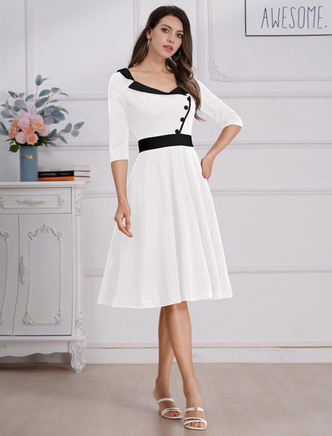ODIZLI 1950s Dresses for Women Retro Dress 3/4 Sleeve Sweetheart Neckline Swing Midi Dress Cocktail Dress – Bild 7