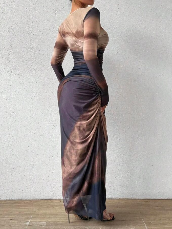 Women's Printed Bodycon Maxi Dress Long Sleeve Tie Dye Mesh Layered Dress – Bild 2