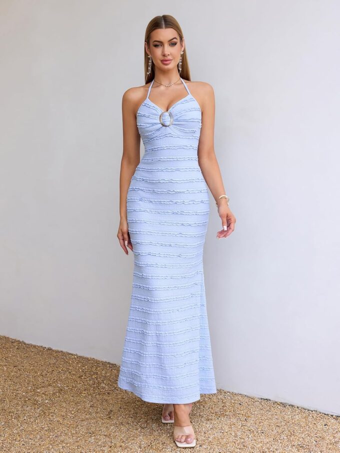 HTZMO Women Elegant Summer Casual Bodycon Maxi Dress Sexy V Neck Halter Ruffle Wedding Guest Formal Long Dresses – Bild 3