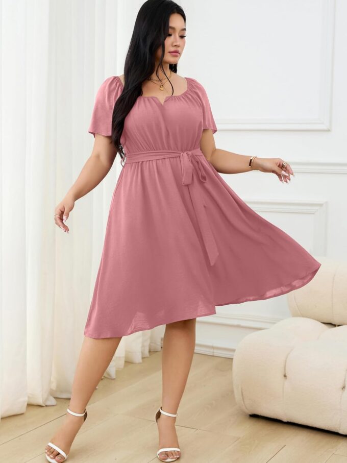 RWJ Plus Size Women Dress V Neck Short Sleeve Mini Formal Wedding Cocktail Party Dresses with Belt – Bild 2
