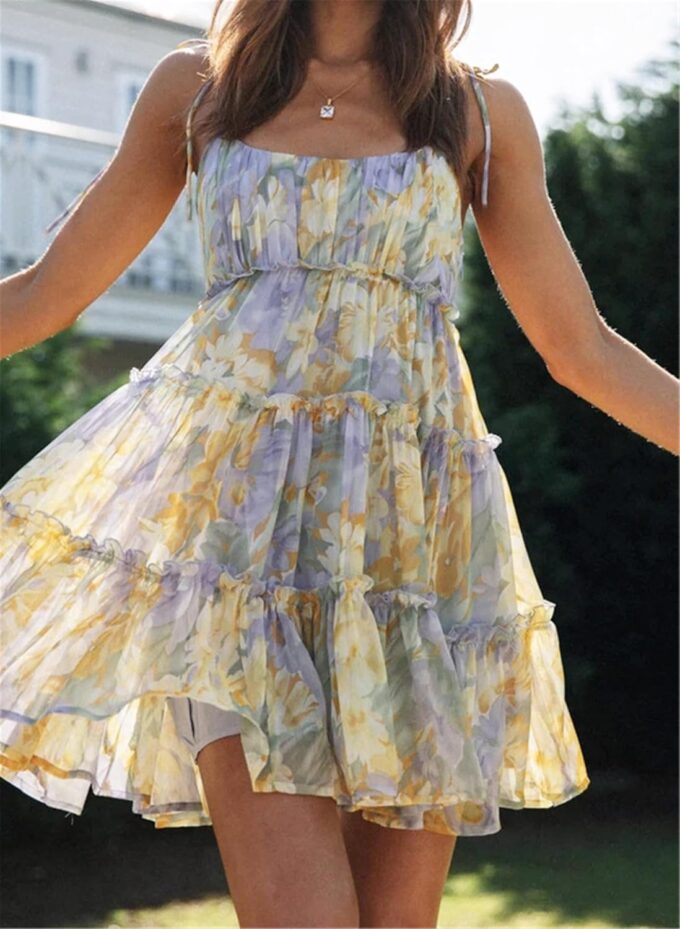 AELSON Sundresses for Women 2025 Floral Summer Dress Boho Flowy Cute Dresses Spaghetti Strap Sleeveless Ruffle Mini Dress – Bild 5