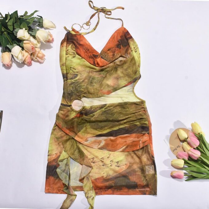 Women Sexy Halterneck Mini Dress Hollow Out Colourful Mesh Floral Dress for Beach Party Night – Bild 4