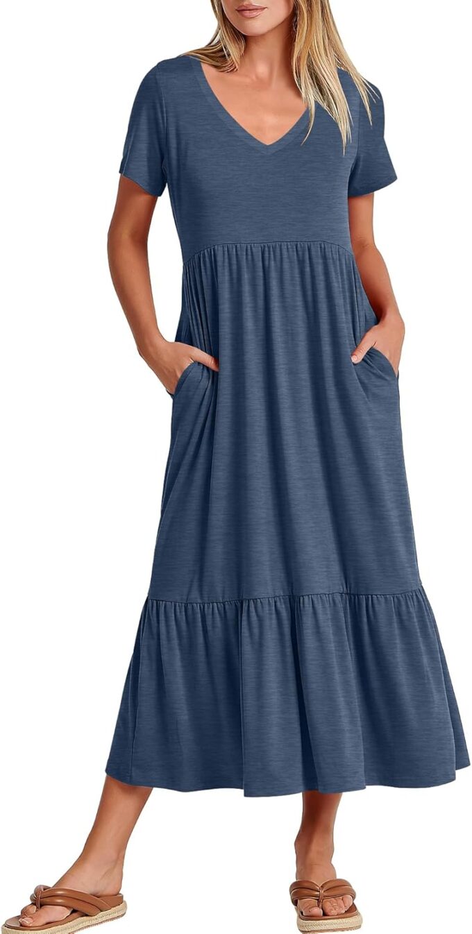 ANRABESS Women's Summer Casual Short Sleeve T Shirts Maxi Dress Flowy V Neck Tiered Beach Vacation Sundress 2025 Outfits
