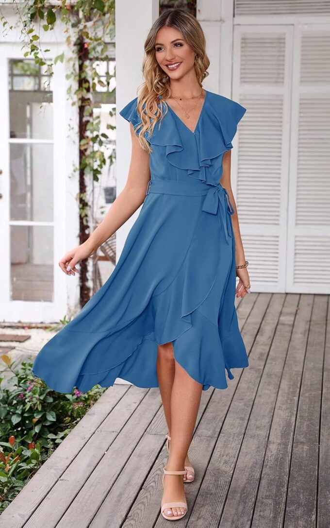 PRETTYGARDEN Women's 2025 Summer Cross Midi Dress Casual Boho Deep V Neck Short Sleeve Ruffle Hem Split Beach Long Dresses – Bild 8