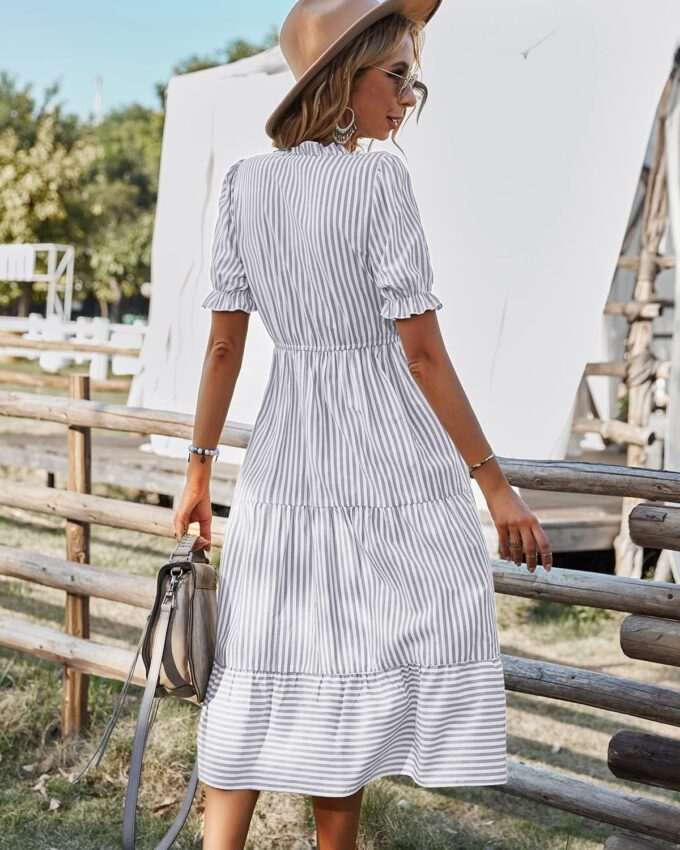 Sexyasasii Women's Summer Ruffle Puff Sleeve Dress Short Sleeve V Neck High Waist Casual Loose Striped Midi Dresses – Bild 2