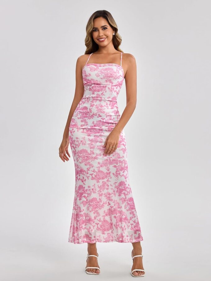 Women's Summer Floral Maxi Dress Square Neck Mesh Ruched Bodycon Formal Wedding Guest Long Dresses – Bild 5