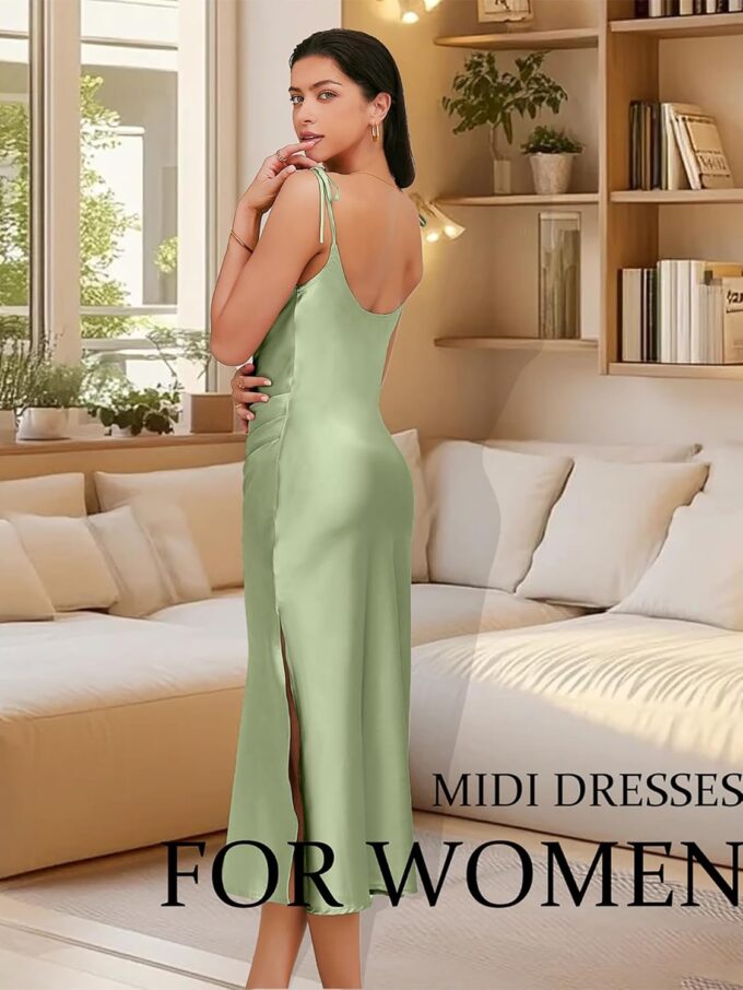Women's Spaghetti Strap Midi Satin Slik Dress Cowl Neck Elegant Long Slip Ruched Evening Dress Party Cocktail – Bild 3
