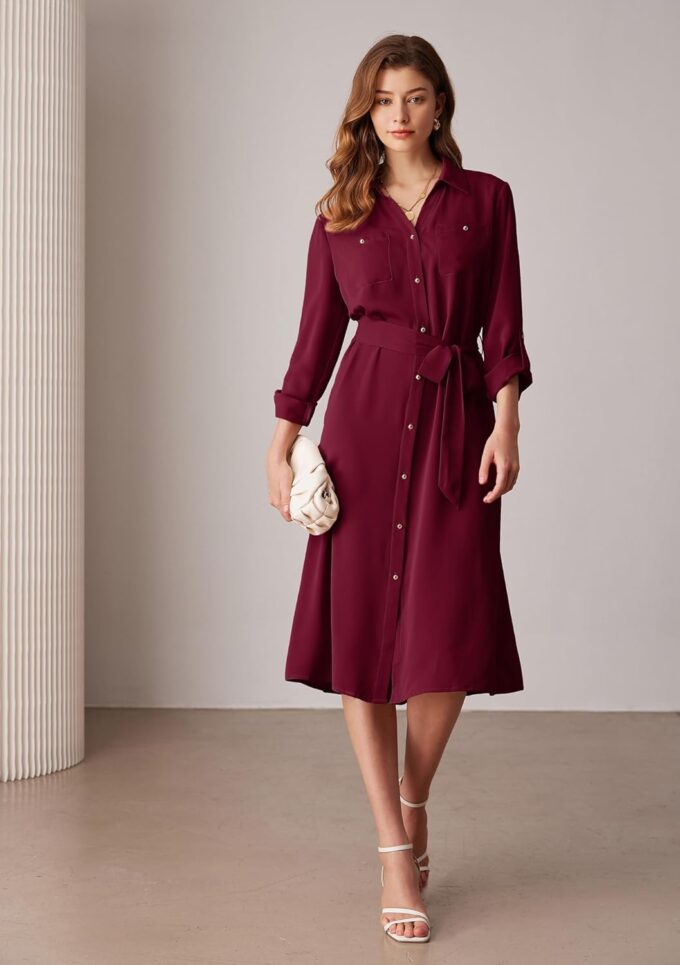 GRACE KARIN Women's Long Sleeve Button Down Shirt Dress Casual Loose Tie Waist Adjustable Sleeve Length Midi Dresses – Bild 2