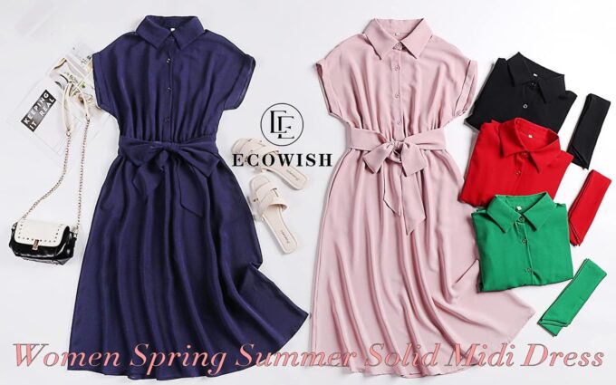 ECOWISH Womens Casual Midi Dresses Solid V Neck Short Sleeve Button Shirt Belted Dress with Pockets for Spring Summer 2025 – Bild 5