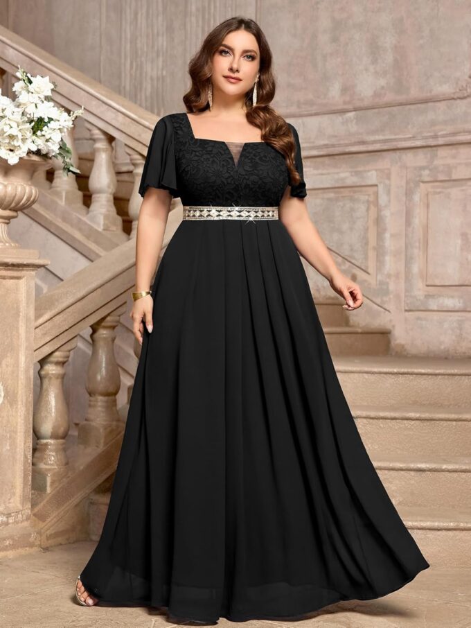MISSMAY Women's Plus Size Floral Lace Ruffle Sleeves Beads Waist Chiffon Formal Party Maxi Dress – Bild 3