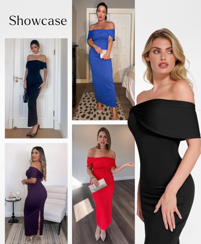 Popilush Off The Shoulder Maxi Dress Wedding Guest Formal Dresses for Women Sleeveless Bodycon Long Shapewear Prom Dress – Bild 2