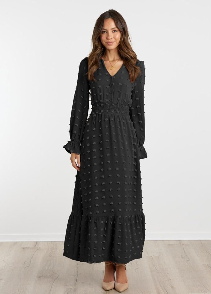 MASCOMODA Women Maxi Dress 2025 Fall Long Sleeve V Neck Swiss Dot Boho Smocked High Waisted A-Line Tiered Flowy Long Dresses – Bild 5