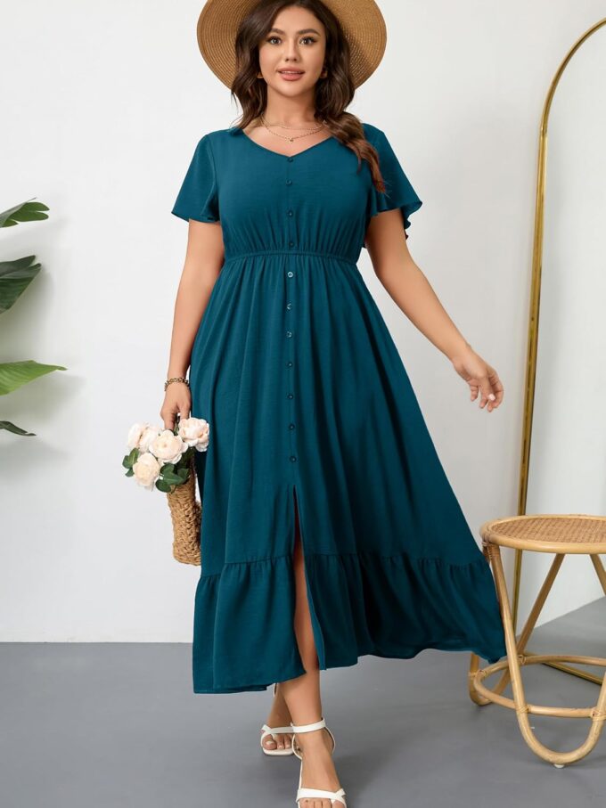 RWJ Women Plus Size Maxi Dress V Neck Short Sleeve Button Trim Split Flowy Tiered Casual Long Dresses 2025 L-3XL – Bild 3