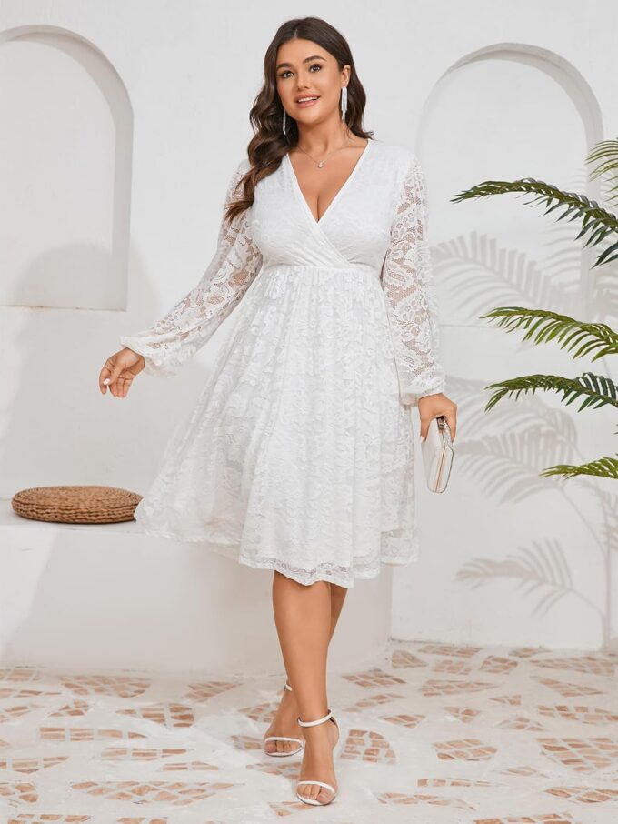 Womens Plus Size Lace Midi Dress V Neck Wrap Long Sleeve Flowy A line Cocktail Dresses for Wedding Guest – Bild 3