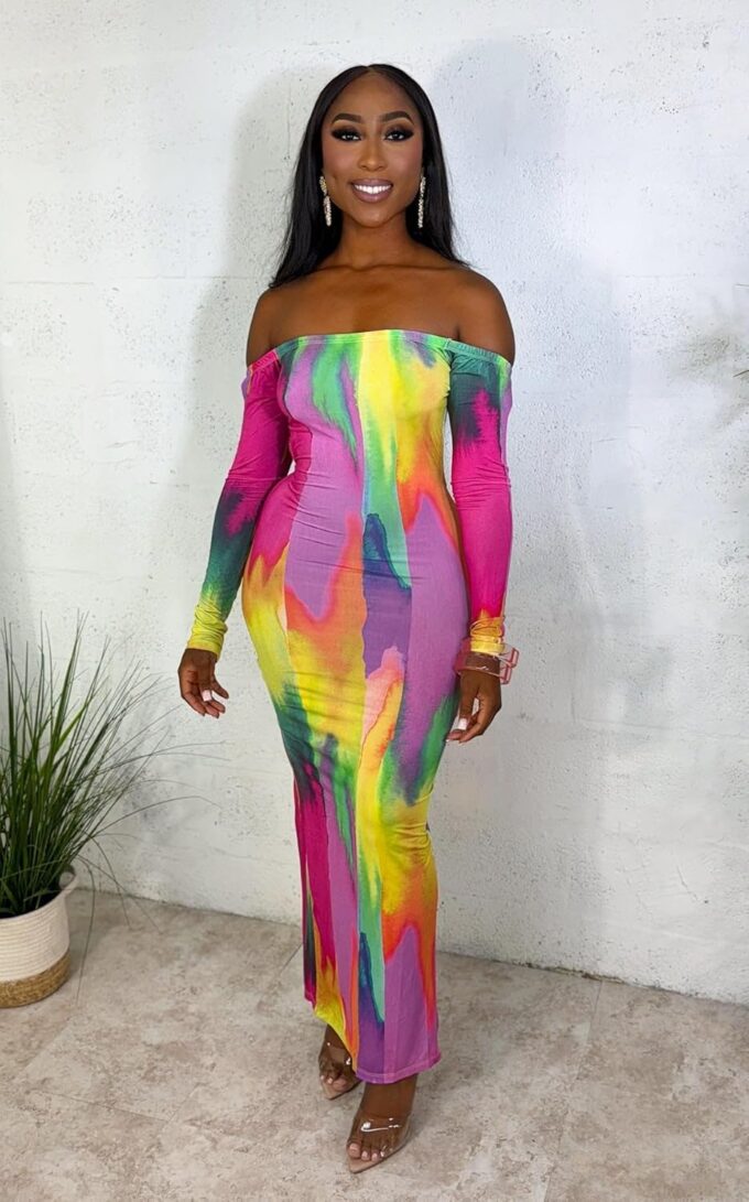 Womens Long Sleeve Off The Shoulder Maxi Dress Sexy Bodycon Midi Dresses Club Outfits – Bild 2