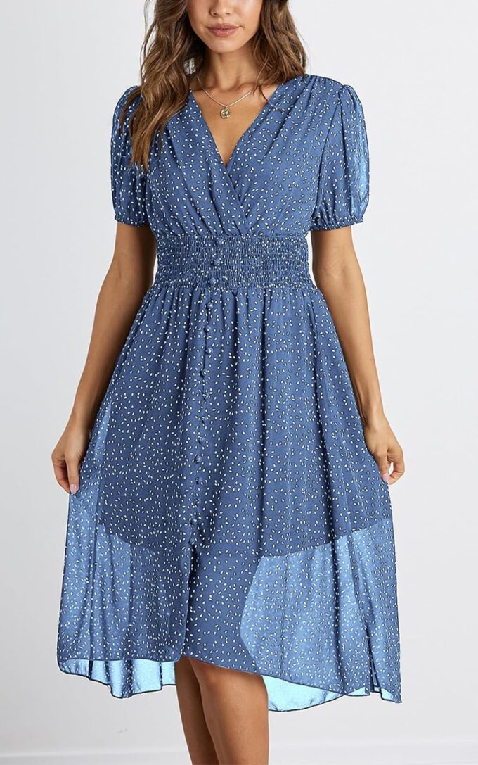 PRETTYGARDEN Women's Floral Wrap V-Neck Midi Dress Short Sleeve Boho Summer Beach Long Dress High Low Hem Smocked Dress Women – Bild 4