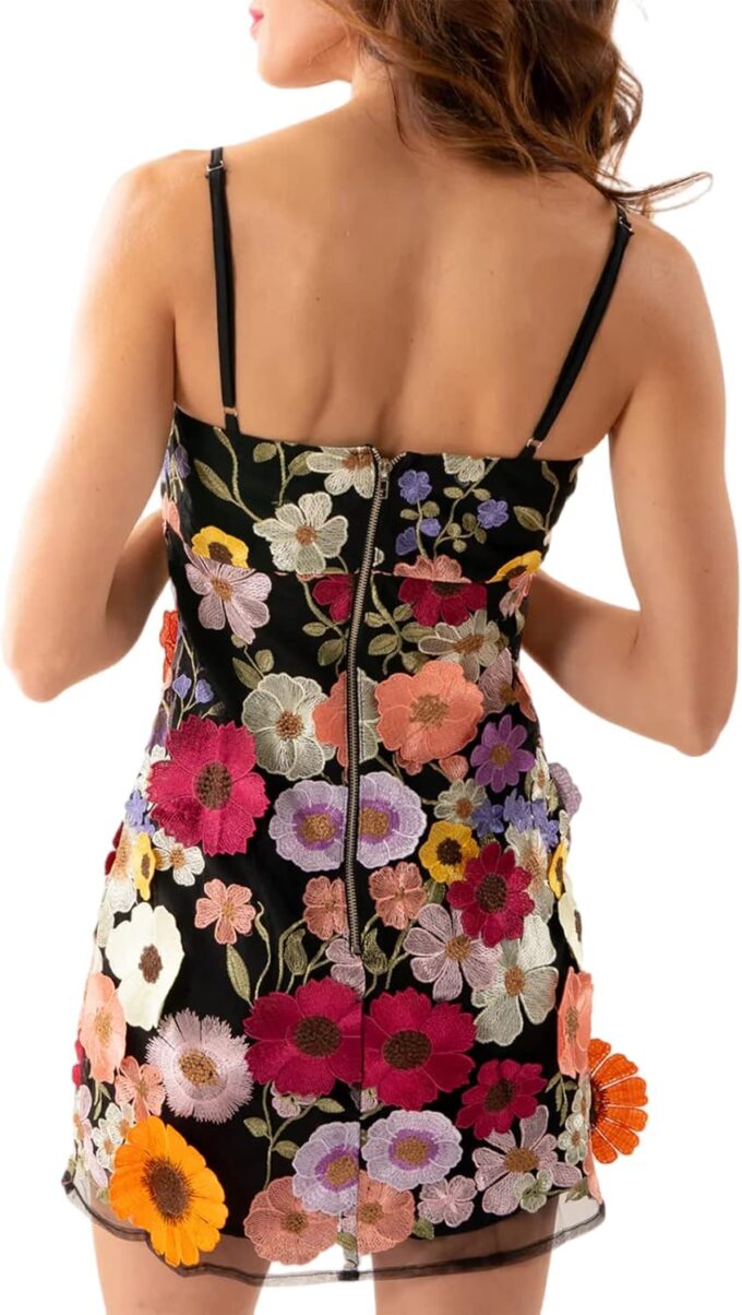 Women Floral Spaghetti Strap Mini Dress Summer 3D Flower Embroidery Sleeveless Backless Short Dress Nightclub – Bild 4