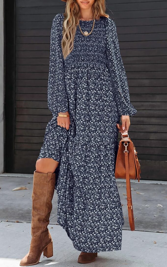 PRETTYGARDEN Women's Spring Dresses 2025 Long Sleeve Flowy Casual Floral Maxi Dress Crew Neck Smocked Tiered Long Dress – Bild 2
