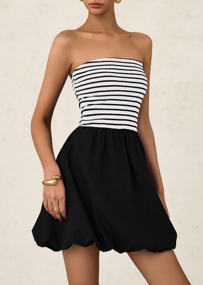 KIRUNDO Strapless Dress for Women Bubble Hem Summer Sexy Tube Top 2025 A Line Patchwork Mini Beach Vacation Sundress – Bild 6