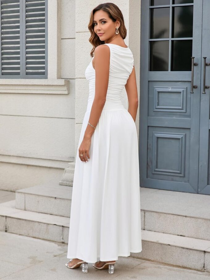EYNMIN Summer Sleeveless Long Dress Crewneck Ruched Tank Flowy A Line Casual Formal Wedding Guest Dresses for Women – Bild 4