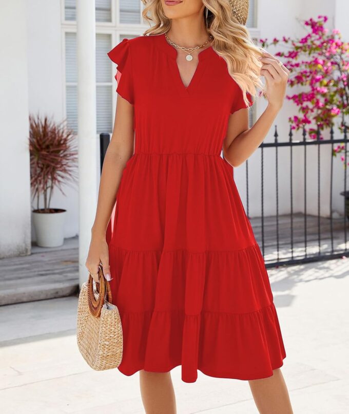Womens Summer Dress Ruffle Sleeve V Neck Midi Dresses Casual Fit Flowy Tiered Boho Beach Vacation Sundress – Bild 2