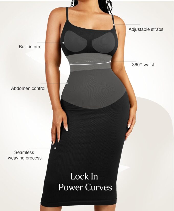 Tummy Control Dress for Women - Bodycon Slip Midi Dress with Built in Bra Date Night Spaghetti Strap Dresses Club Outfit – Bild 2