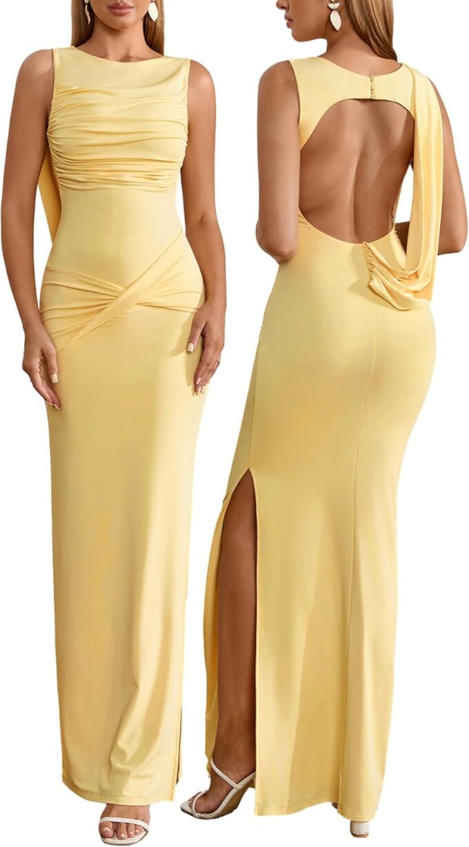 Parthea Women Wedding Guest Dress Bodycon Long Sleeveless Backless Side Slit Elegant Evening Party Cocktail Maxi Dresses