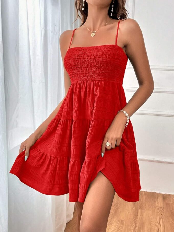 Womens Vacation Summer Casual A Line Swing Dress Ruched Bust Sleeveless Solid Ruffle Hem Cami Short Dress – Bild 2